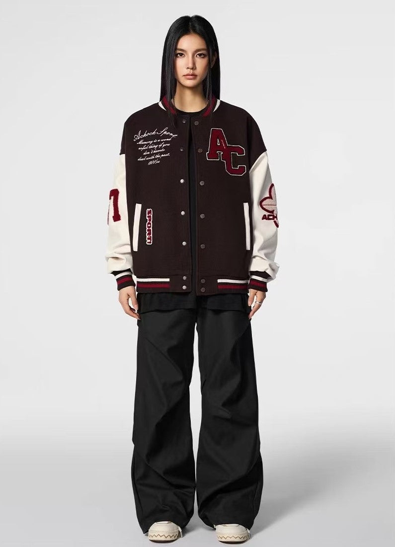 ACHOCK Waffle Logo Embroidered Baseball Jacket