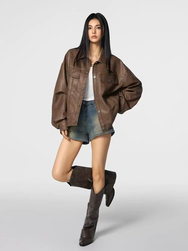 ACHOCK Vintage Washed Lapel Leather Jacket