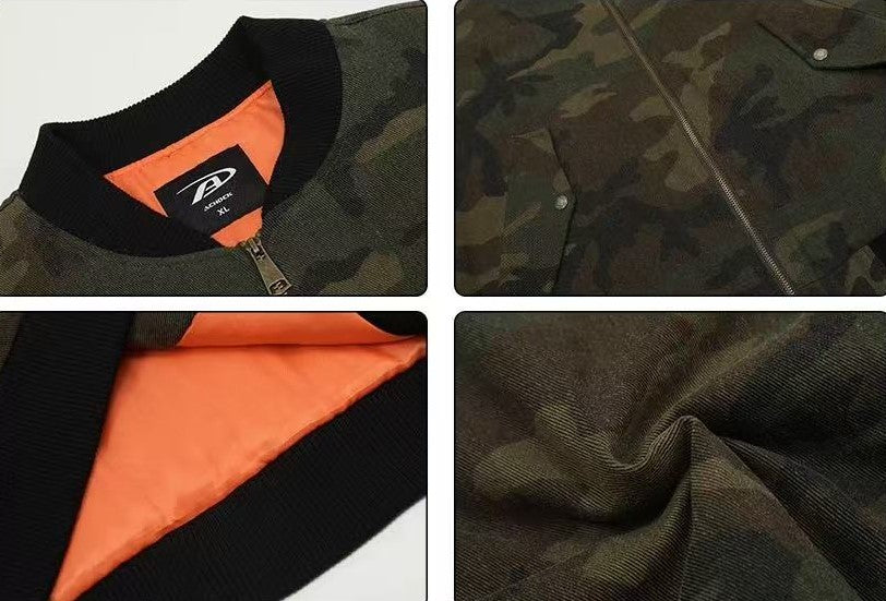 ACHOCK Washed Distressed Camouflage Cotton Bomber Jacket