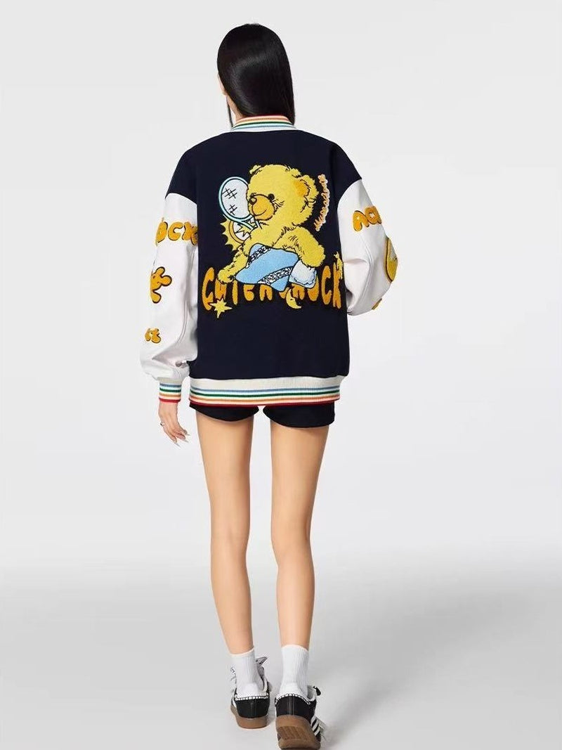 ACHOCK Crescent Bear Embroidered Baseball Jacket