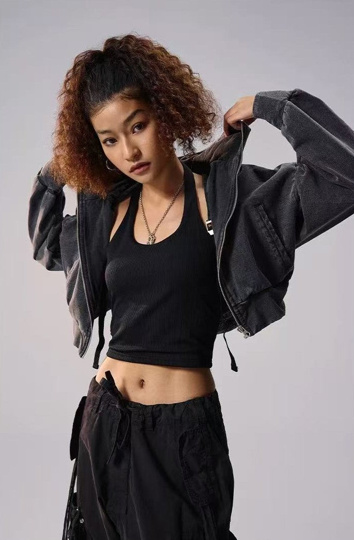 REMEDY Retro Distressed Washed Denim Backpack Hooded Jacket (For Women)