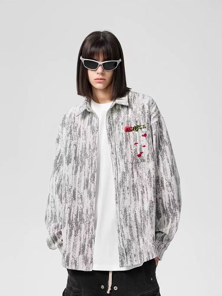 ACHOCK Rose Embroidery Washed Distressed Long-sleeve Shirt