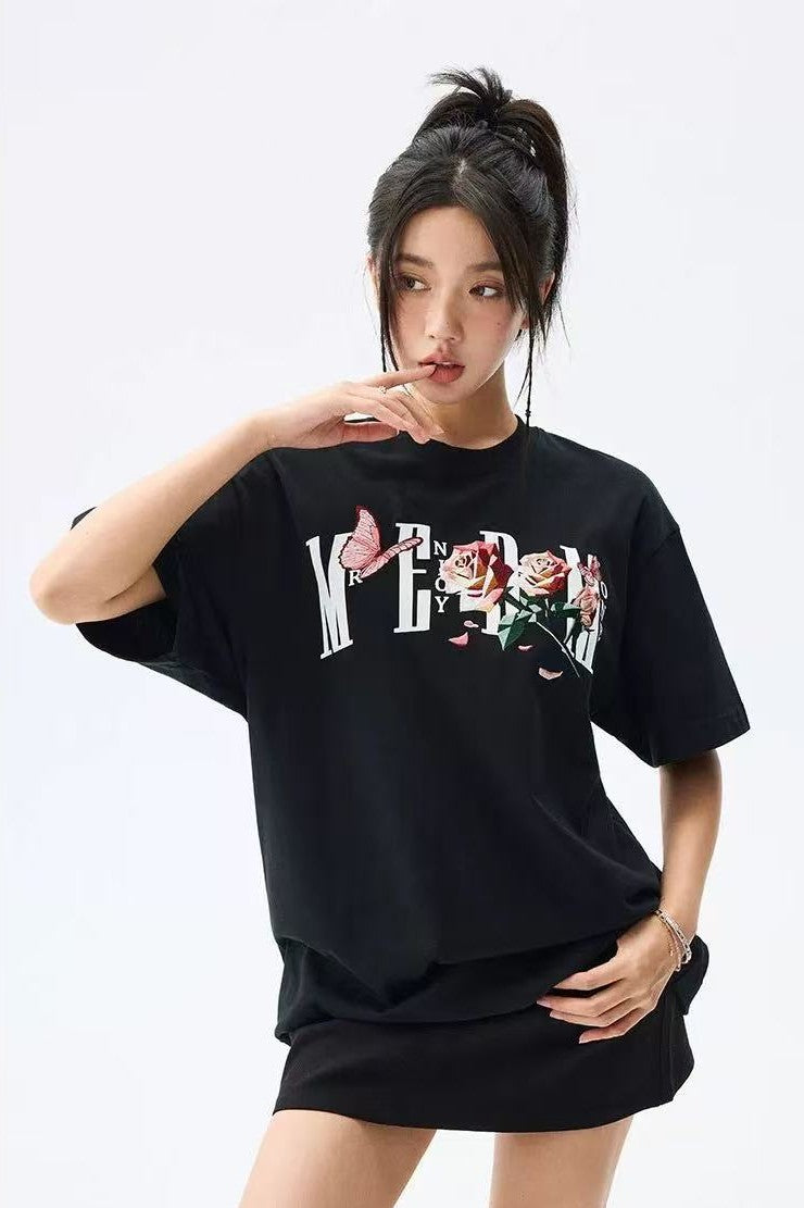 MEDM Origami Slice Rose Butterfly Embroidered Short-sleeved T-shirt