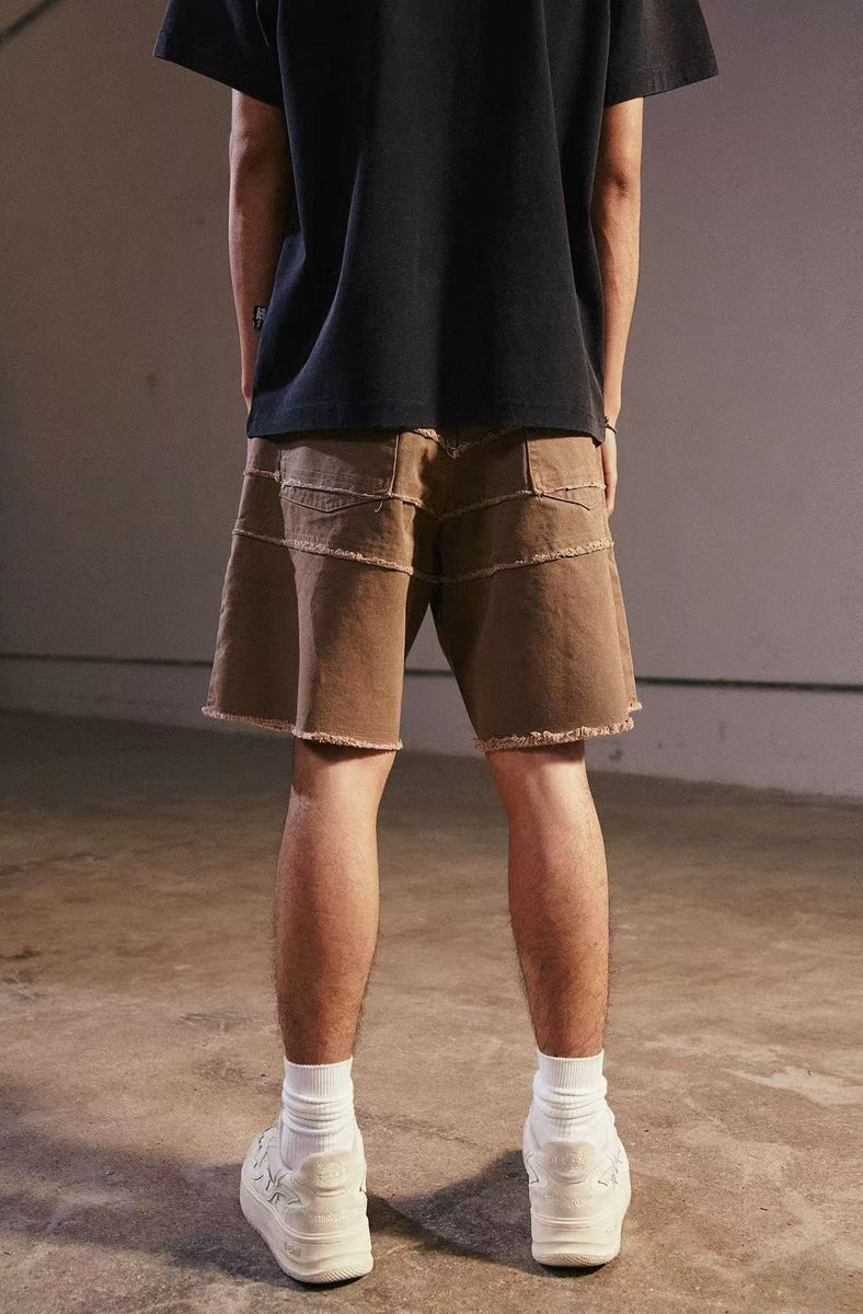 REMEDY Destroyed Fringe Paneled Denim Shorts