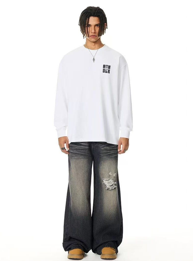 ACHOCK Basic Loose Logo Print Long-sleeved T-shirt
