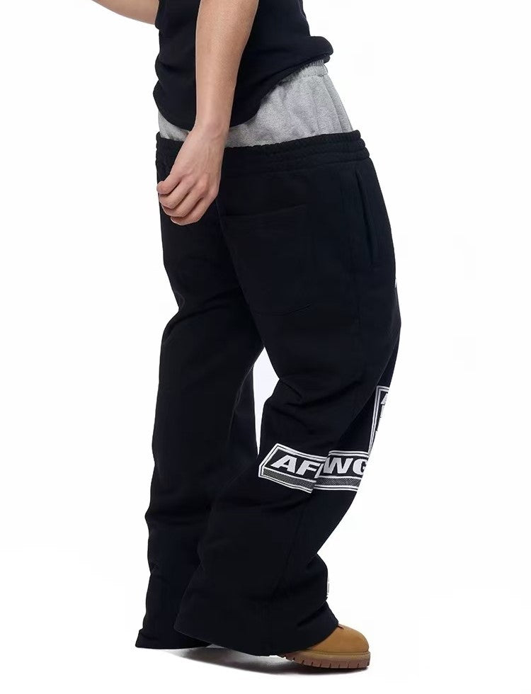 AFGK Fake Two Piece Double Waist Drawstring Bootcut Sweatpants