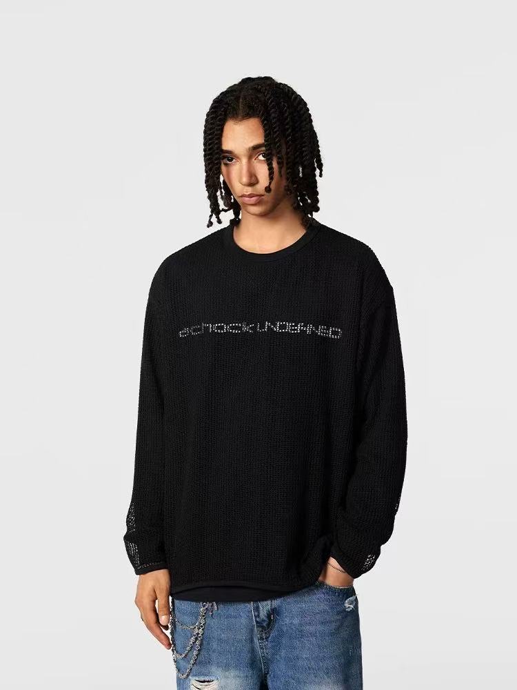ACHOCK Fake Two-piece Heavy-duty Hollow Printed Long-sleeved T-shirt