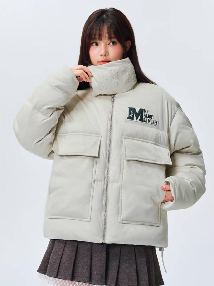 MEDM Logo Embossed Leather Label Scarf Down Jacket