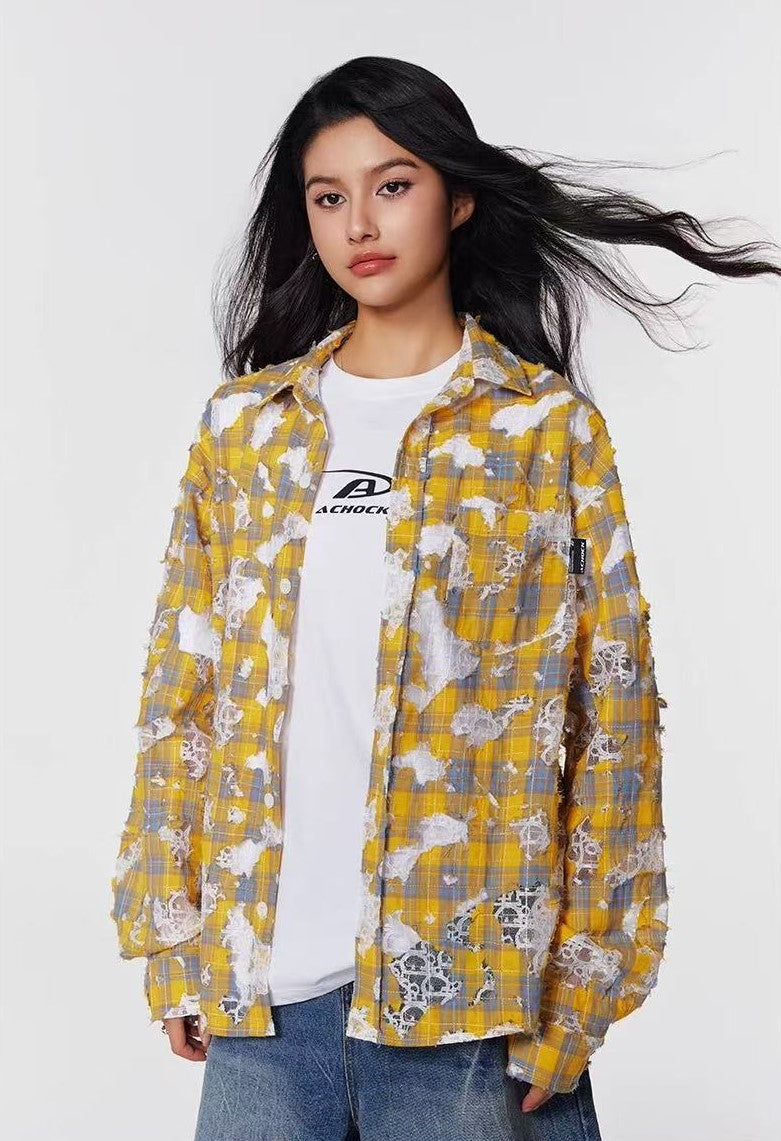 ACHOCK  Lace Lapel Plaid Long-sleeve Shirt