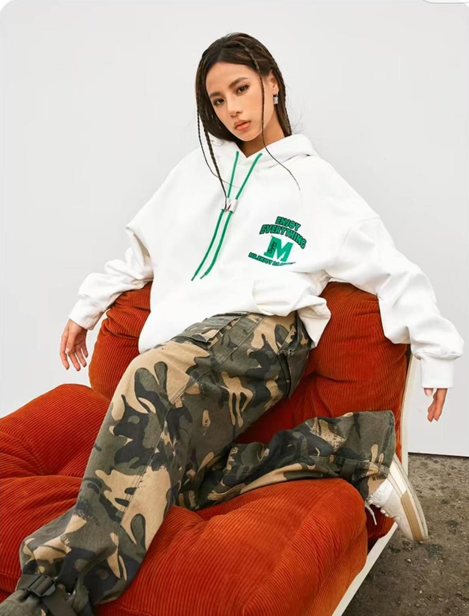 MEDM M Button Drawstring with Letter Print Hoodie