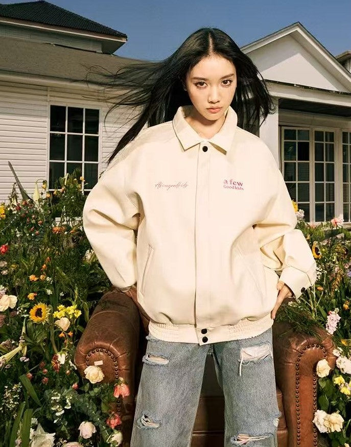 AFGK Logo Embroidered Leather Jacket