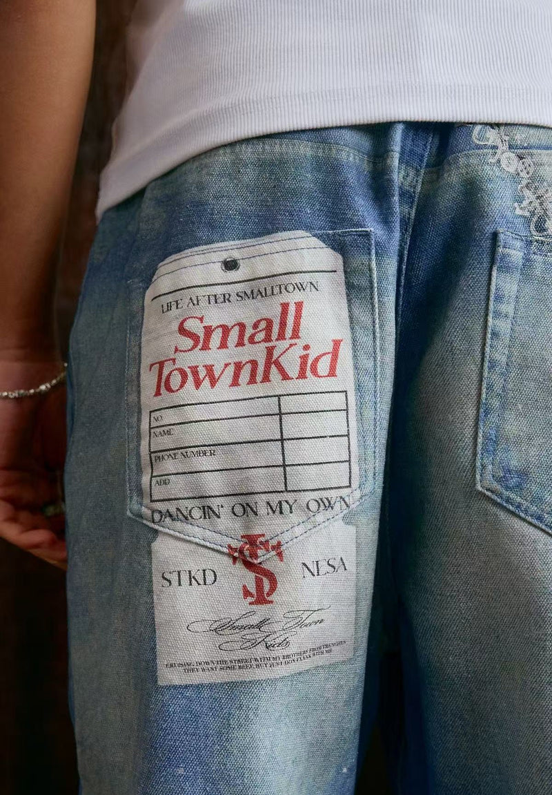 STK Vintage Distressed Wash 3D Badge Print Jeans