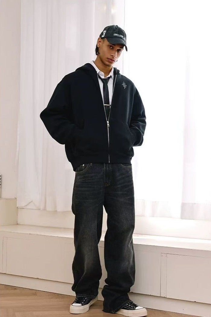 REMEDY Octagram Star Logo Print Hooded Zipper Sweatshirt