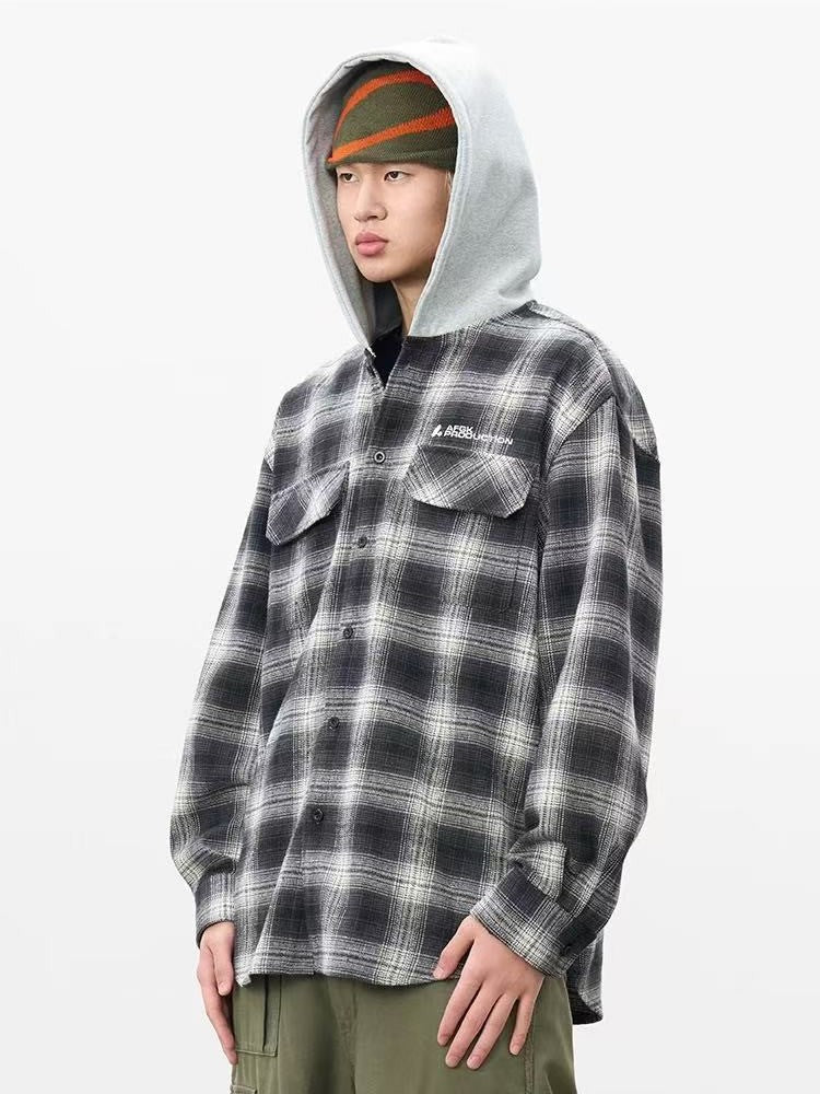 AFGK Vintage Plaid Hooded Long-sleeved Shirt
