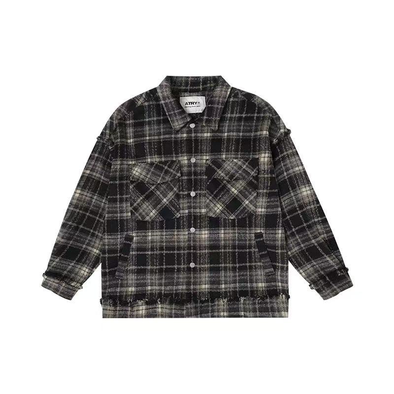 ATRY Washed Distressed Vintage Plaid Raw Edge Jacket
