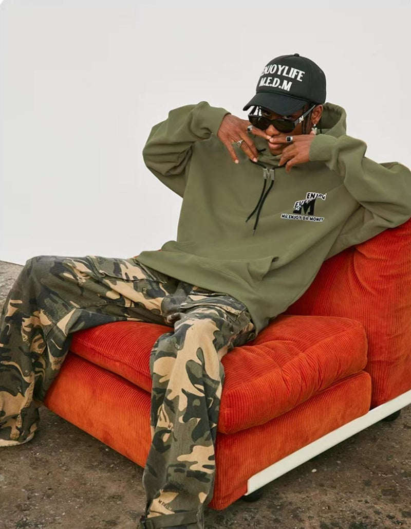 MEDM M Button Drawstring with Letter Print Hoodie