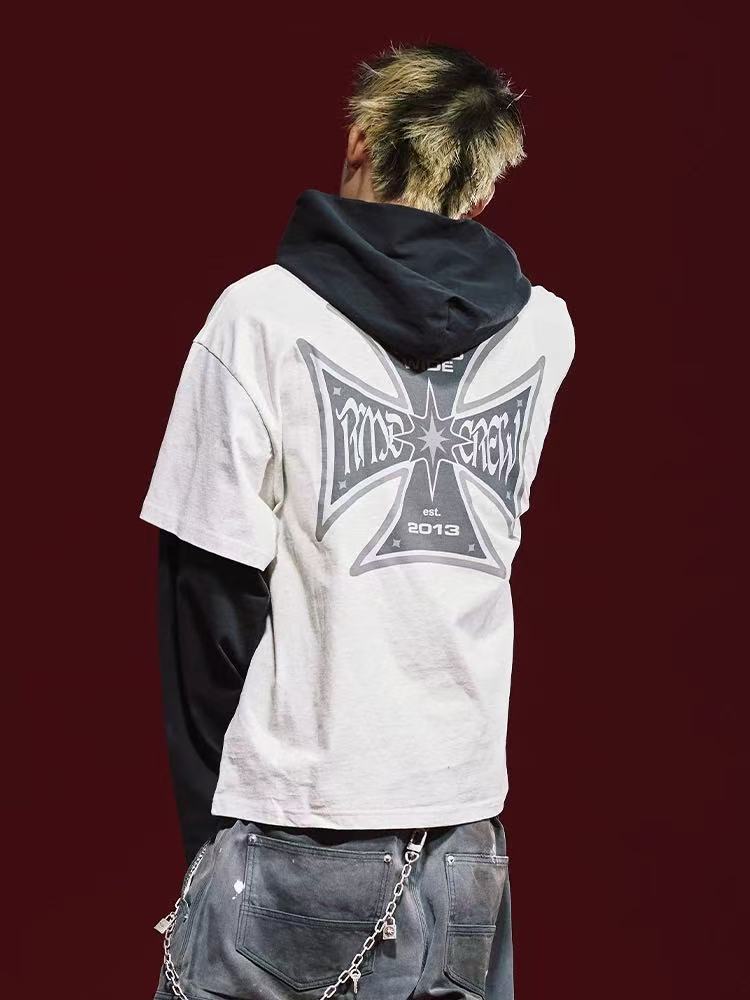 REMEDY Retro Fake Two-piece Hooded Long-sleeved T-shirt