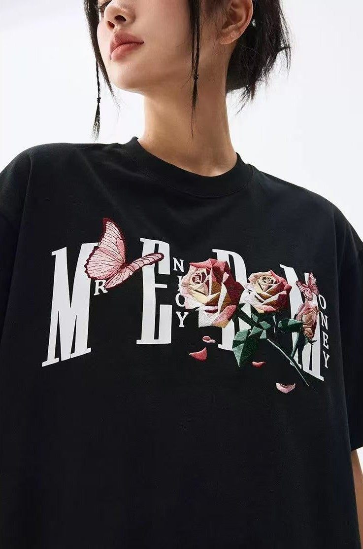 MEDM Origami Slice Rose Butterfly Embroidered Short-sleeved T-shirt
