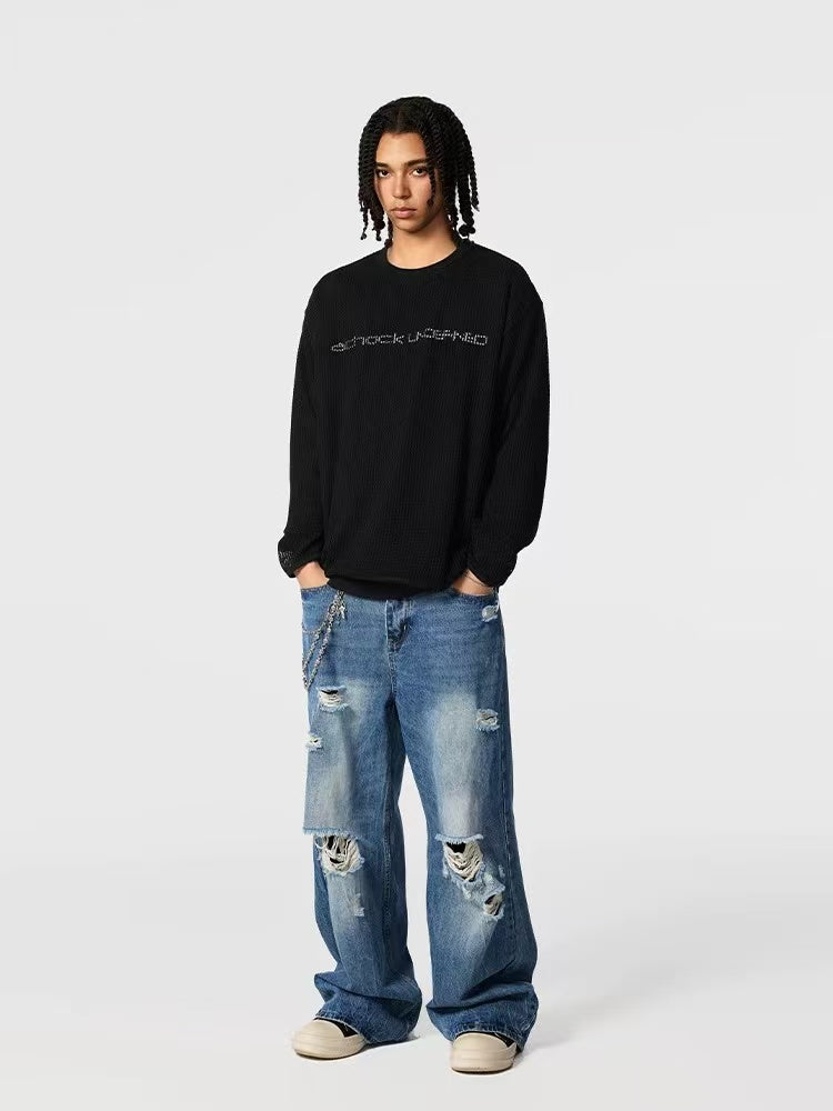 ACHOCK Fake Two-piece Heavy-duty Hollow Printed Long-sleeved T-shirt