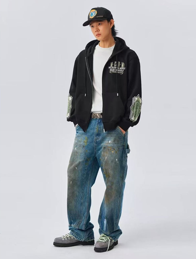 MEDM Retro Typography Embroidered Zipper Hoodie