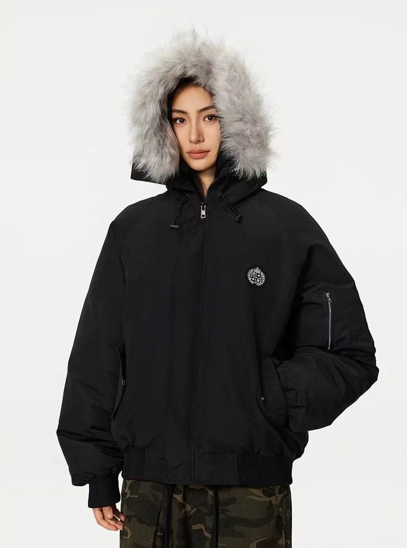 ACHOCK Logo Design Fur Collar Hooded Cotton Coat
