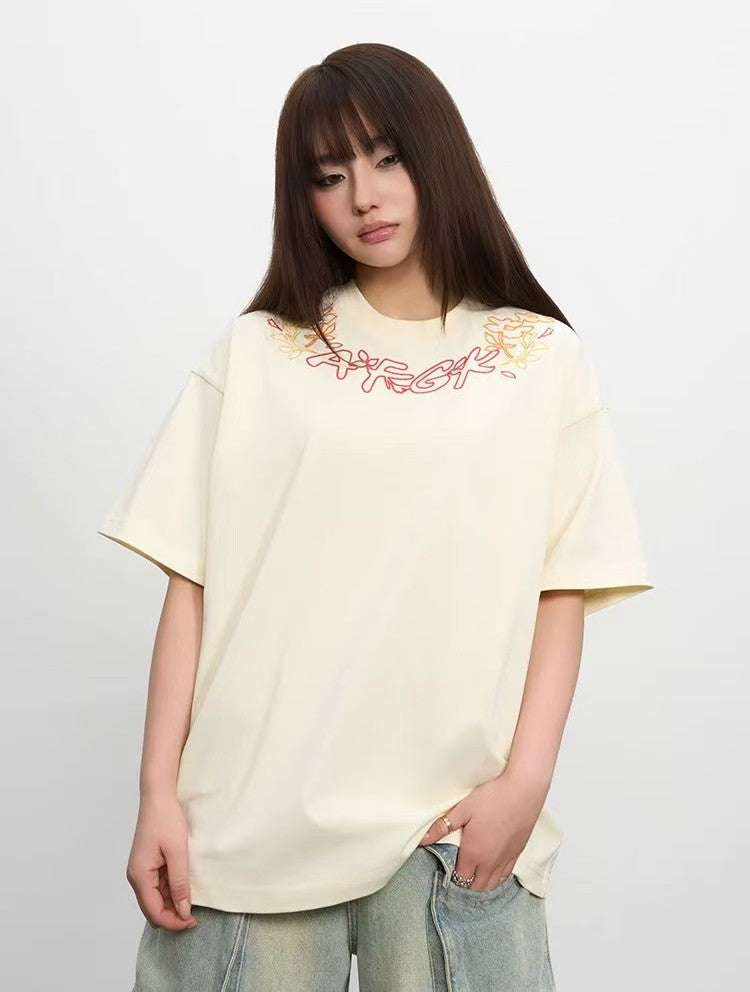 AFGK Floral Necklace Embroidered Short-sleeve T-Shirt