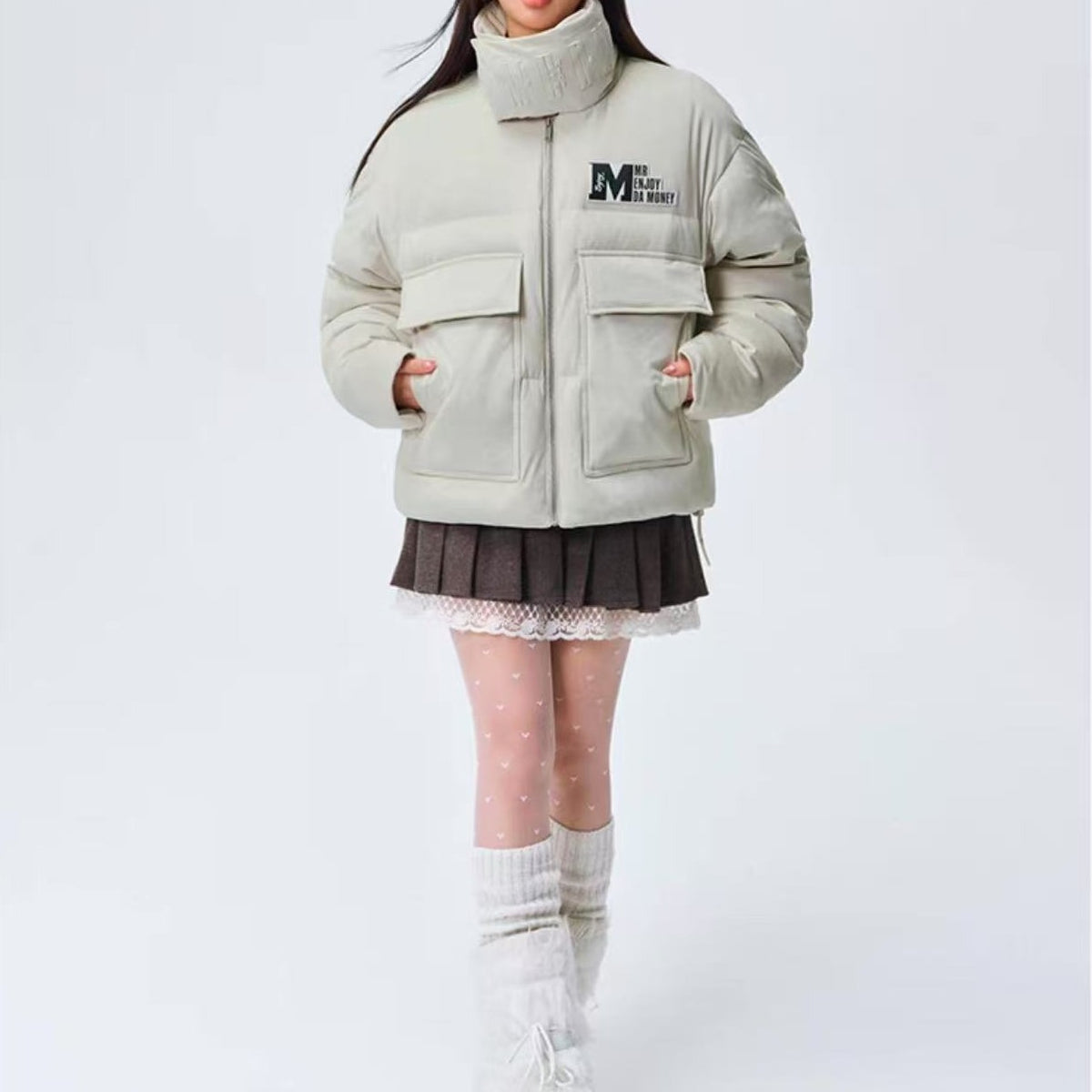 MEDM Logo Embossed Leather Label Scarf Down Jacket