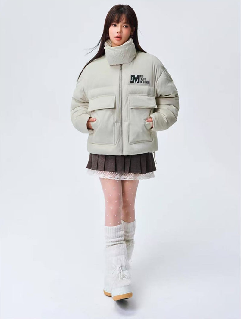 MEDM Logo Embossed Leather Label Scarf Down Jacket