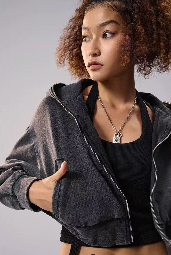 REMEDY Retro Distressed Washed Denim Backpack Hooded Jacket (For Women)