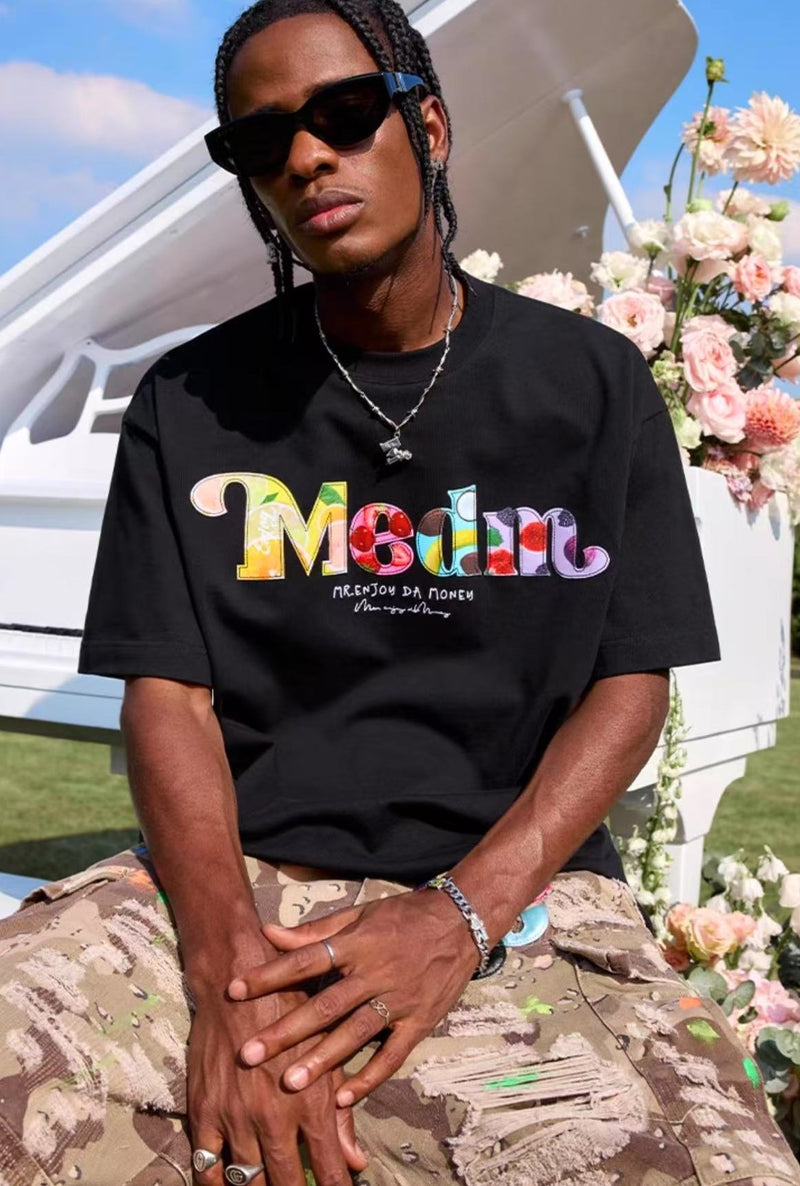 MEDM Floral Fruit Branch Padded Patch Embroidered Short-sleeved T-shirt