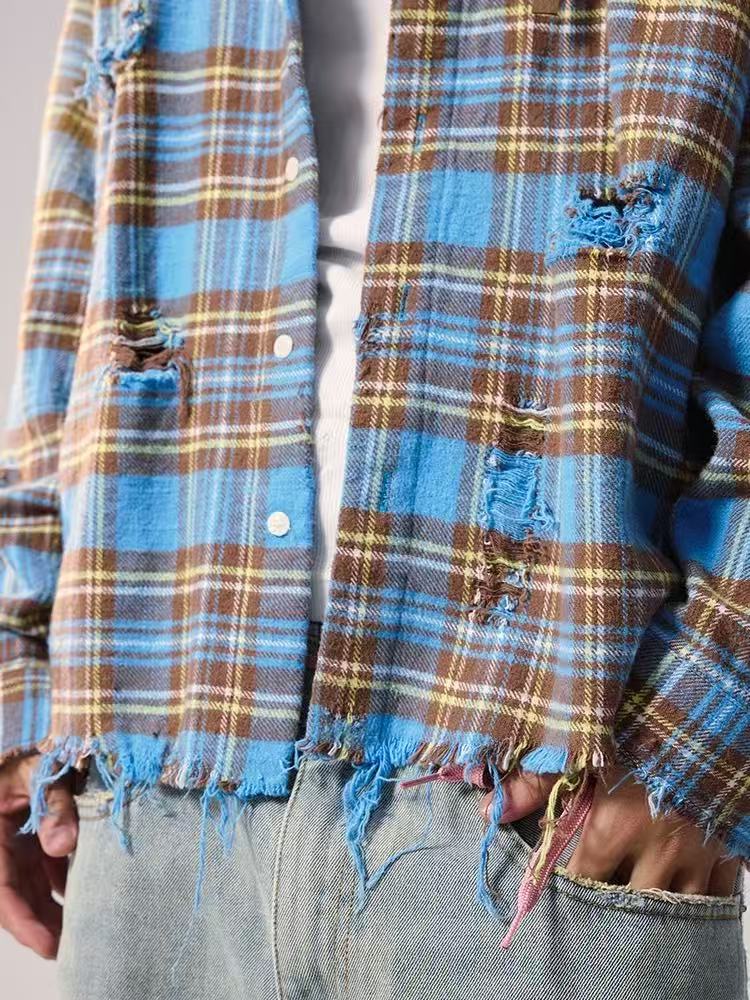 REMEDY Distressed Plaid Long-sleeve Shirt