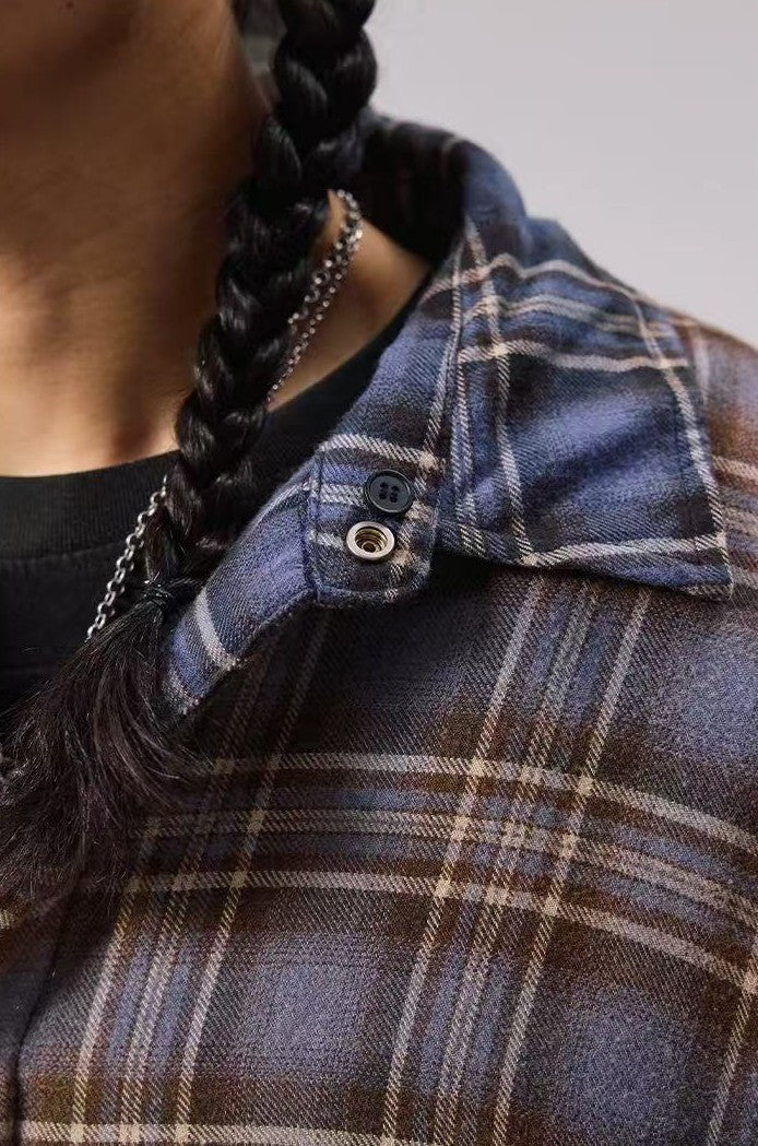 REMEDY Thickened Gradient Distressed Plaid Fur Collar Cotton Coat