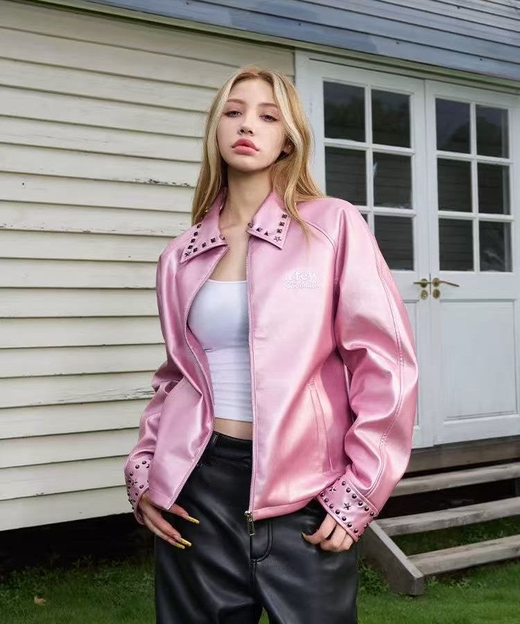 AFGK Glossy Studded Zippered Leather Jacket