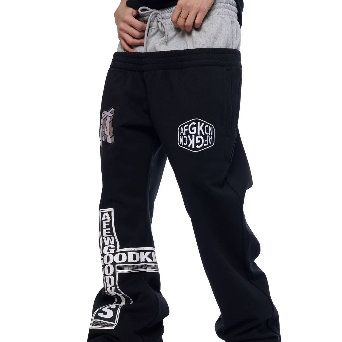 AFGK Fake Two Piece Double Waist Drawstring Bootcut Sweatpants
