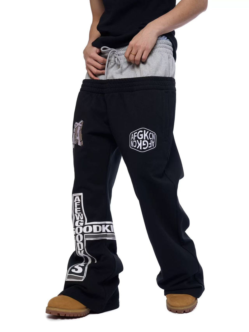 AFGK Fake Two Piece Double Waist Drawstring Bootcut Sweatpants