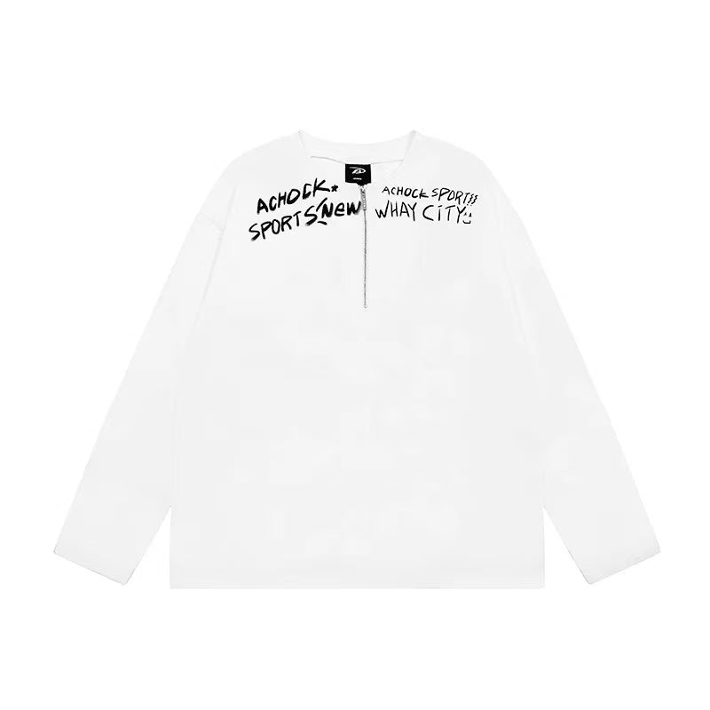 ACHOCK Henley Collar Monogram Half-zip Long-sleeved T-shirt