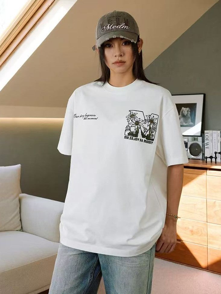 MEDM Large M Hand-painted Daisy Flower Short-sleeved T-shirt