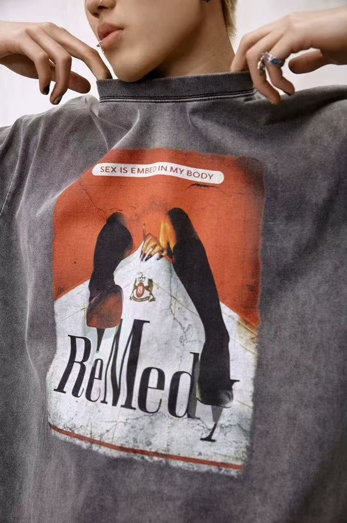 REMEDY Distressed Marlboro Design Short-sleeve T-Shirt