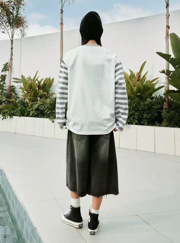 MEDM Contrast Collar Striped Long-sleeve T-Shirt