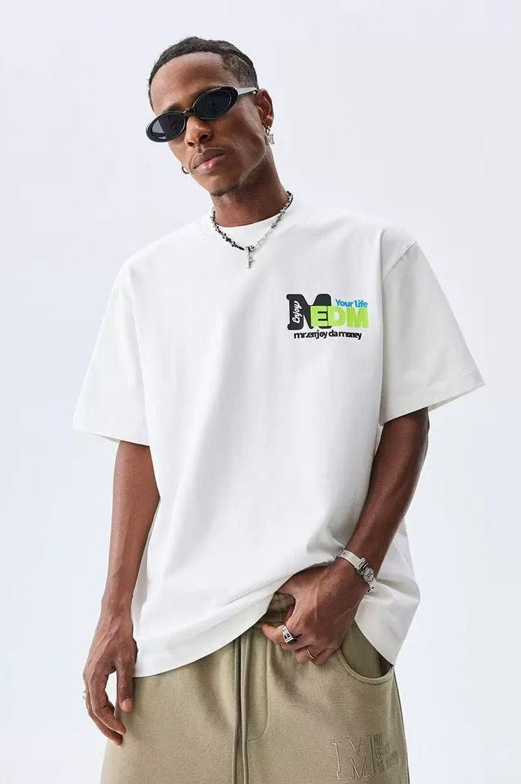 MEDM Retro Graffiti Letters Print Logo Short-sleeve T-Shirt