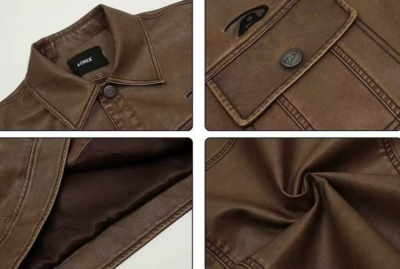 ACHOCK Vintage Washed Lapel Leather Jacket