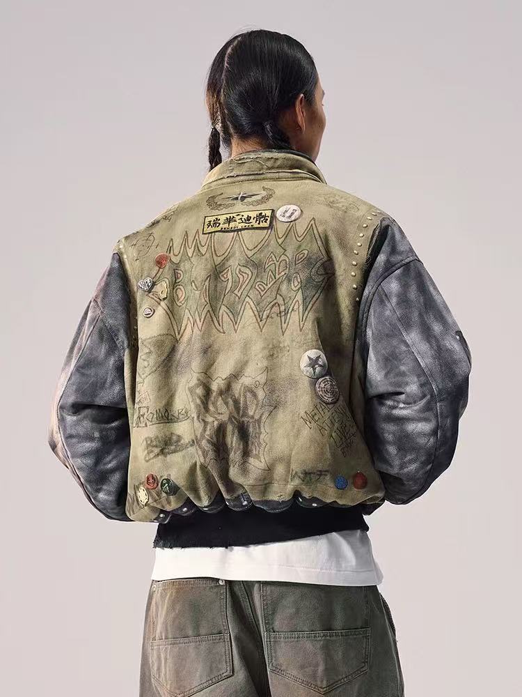 REMEDY Washed Printed Patchwork Bomber Jacket