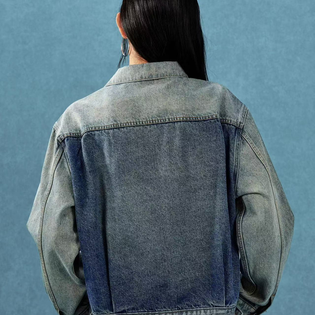 MEDM Leather Patch Distressed Washed Denim Jacket
