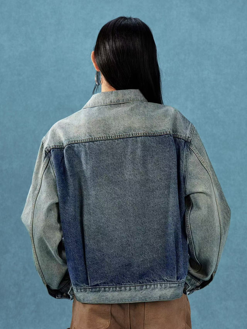 MEDM Leather Patch Distressed Washed Denim Jacket