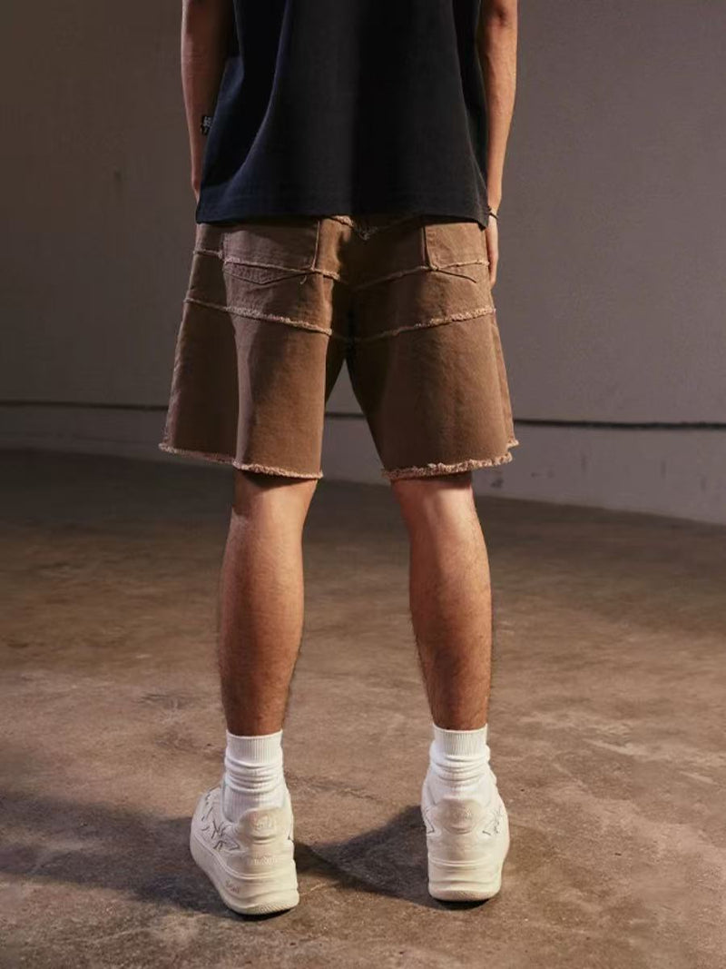 REMEDY Destroyed Fringe Paneled Denim Shorts