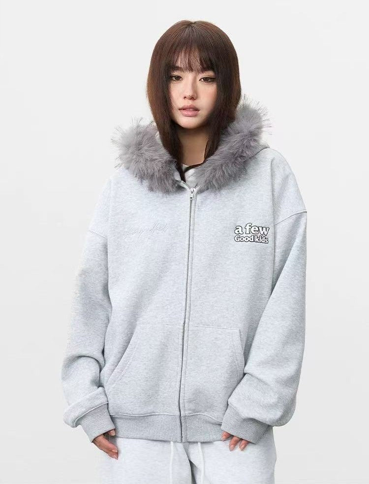 AFGK Retro Fur Collar Embroidered Hooded Cardigan Sweatshirt