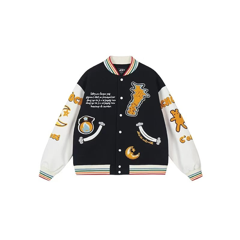 ACHOCK Crescent Bear Embroidered Baseball Jacket