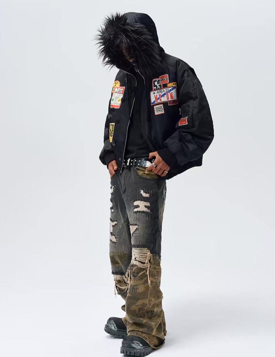 MEDM MA1 Down Jacket with License Plate Patch and Fur Collar Hood
