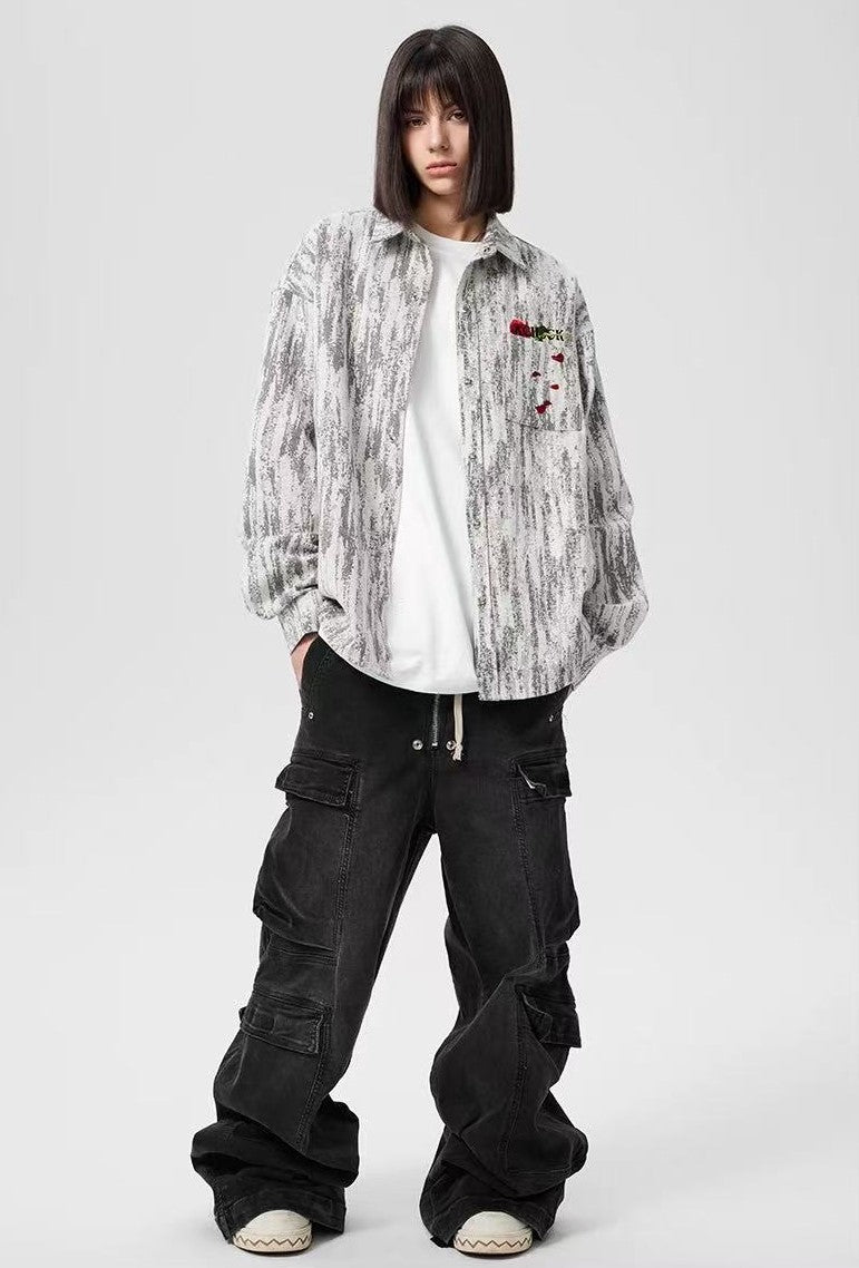 ACHOCK Rose Embroidery Washed Distressed Long-sleeve Shirt