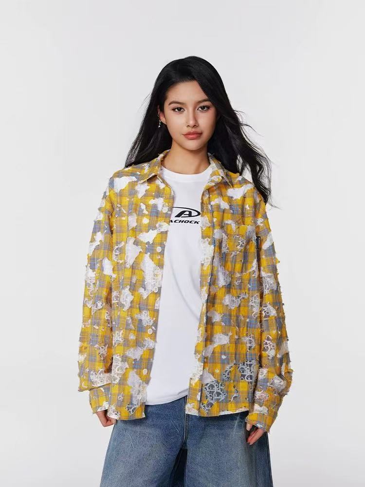 ACHOCK  Lace Lapel Plaid Long-sleeve Shirt